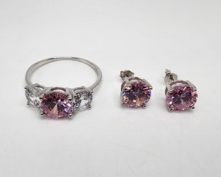 Pink & White Premium CZ, Rhodium Over Sterling Ring & Stud Earrings