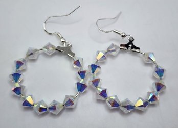 Iridescent White Swarovski Handmade Hoop Earrings With Sterling Ear Wires