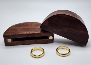 Portable Wooden Round Shaped Secret Ring Box With 2 Gold Tone Rings