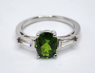 Natural Chrome Diopside, White Zircon Ring In Rhodium Over Sterling