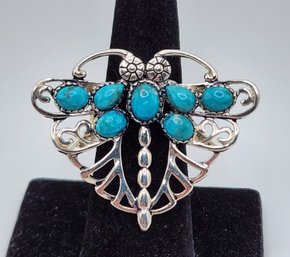 Blue Turquoise, Rhodium Over Sterling Dragonfly Ring