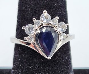 Blue Sapphire, Rhodium Over Sterling Ring