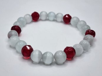 Handmade White Cats Eye, Red Swarovski Crystal Bracelet Or Ankle Bracelet