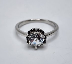 White Topaz, Black Spinel, Rhodium Over Sterling Ring