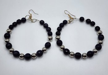 Handmade Large Hoop Earrings With Blue Goldstone, Sterling Plated Beads, Sterling Ear Wires