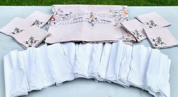 Light Pink Embroidered Floral Tablecloth And Six Napkins Paired With Twelve White Embroidered Napkins