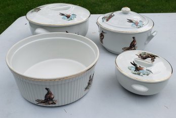 Three Apilco Porcelain Baking Dishes With Lids And Serving Bowl (Game Theme)