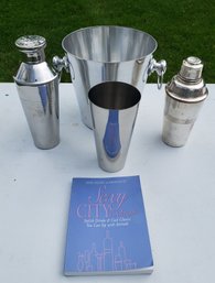 Stainless Steel Ice Bucket, Cocktail Shakers (one Silver On Copper) And Sexy City Cocktails Book