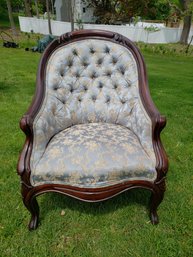 Antique Victorian Style With Light Blue/Gold Floral Upholstered Chair