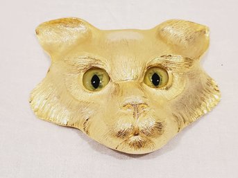 Awesome Vintage Retro 1983 Christopher Ross 24K Gold Plated Cat Head With Green Eyes Belt Buckle - New