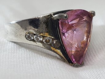 Sterling Silver Size 7 Ring With A Huge Tested PINK Sapphire & CZs ~ 8.00 Grams