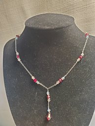 Vintage Sterling Silver 18' Chain With Red And Clear Stones ~ 5.21 Grams