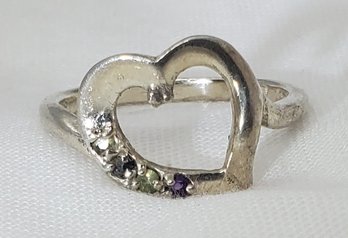 Vintage Sterling Silver Size 8 Heart Ring With Assorted Stones ~ 2.69 Grams