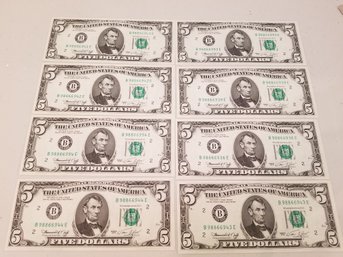 1974 $5 Bills Bank Notes Paper Money Mint Condition Found In Book 8 Bills - 2 Sets Sequential