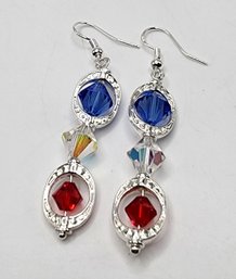 Handmade Swarovski Red, White & Blue Dangle Earrings With Sterling Ear Wires