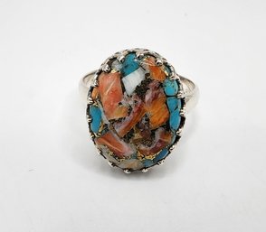 Blended Spiny Oyster Shell & Turquoise Ring In Sterling