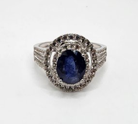 Blue Mahaleo Sapphire, White Zircon, Rhodium Over Sterling Ring