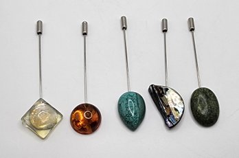 5 Handmade Stick Pins With Real Stones & Beads