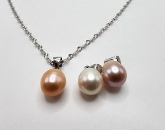 Sterling Silver Chain With Freshwater, Peach, White & Purple Pearl Drop Pendants In Sterling