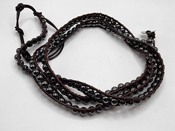 Hematite, Faux Leather Necklace Or Wrap Bracelet In Silver Tone