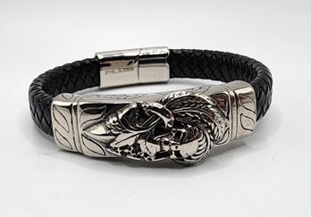 Faux Leather Skull Bracelet In Stainless Steel