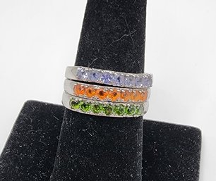 Tanzanite, Fire Opal & Chrome Diopside Stackable Ring Set In Stainless