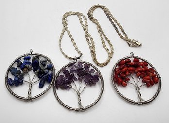 3 Silvertone Tree Of Life Pendants With Real Stones