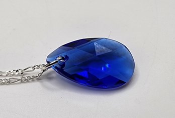 Blue Swarovski Teardrop Pendant Necklace In Sterling