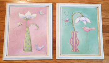 Pair Of Pink And Green Floral Prints Perfect For A Child's Room