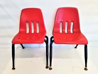 Vintage MCM 1970s Red Virco Chrome & Plastic Small Stacking School Chairs