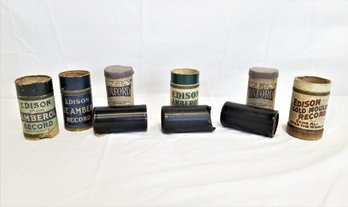 Set Of Six Antique Edison And Oxford Vinyl Phonograph Cylinder Records And Cases