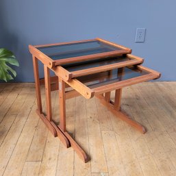 C 1970 Solid Danish Teak And Smoked Glass Nesting Tables