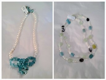20' Moonstone, Serpentine, Amazonite MOP Necklace Plus  Aquamarine Bow Necklaces With FW Pearls
