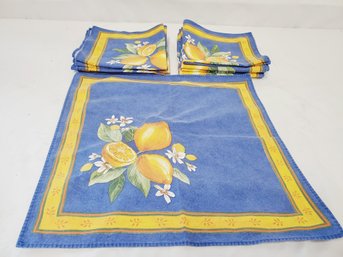 Set Of Eleven Cotton Blue & Yellow Cloth Fruit Lemon Themed Napkins