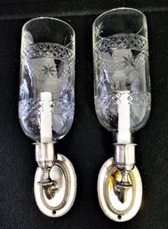 Beautiful Antique Pair Of Silver Plate Single Arm Wall Sconces With Etched Hurricane Shades