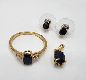 FF Masoala Sapphire, Natural White Zircon Earrings, Ring & Pendant Set In Vermeil Yellow Gold Over Sterling