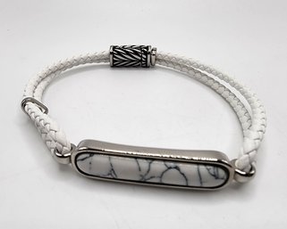 White Howlite Genuine Leather Men's Bracelet With Magnetic Lock In Black Oxidized Stainless Steel