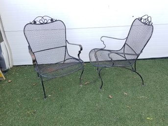 Vintage Russell Woodard Sculptura Black Wrought Iron Patio Dining Arm Chairs