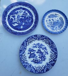 Trio Of Antique Blue And White Plates From England, Sectioned Plate Is Staffordshire (1891- Early 1900's)