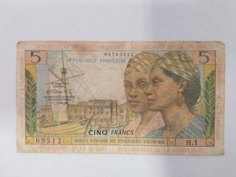 French Antilles Martinique Guyane Guadeloupe 5 Francs Banknote - Circulated