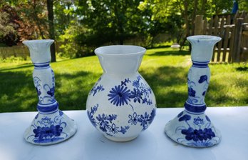 Blue And White Vase (England Rye Pottery) And Candlesticks