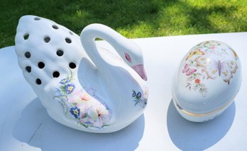 Porcelain English Swan Flower Frog And Vintage Avon Egg From 1974