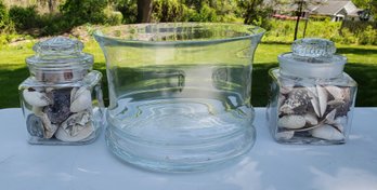 Large Glass Bowl And Pair Of Glass Canisters Filled With Shells