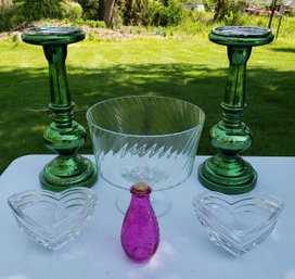 Pair Of Metallic Green Pottery Barn Candle Holders Paired With Glassware
