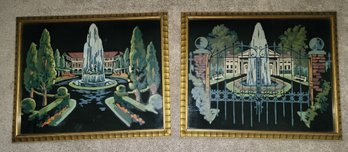 Vintage Framed Paint By Numbers Velvet Painting Manor House With Gate & Fountain