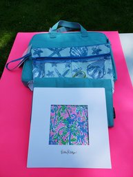 Lilly Pulitzer Print Paired With Bright Blue Computer Bag, Bathing Suit Bag And Cosmetics Bag For Travel