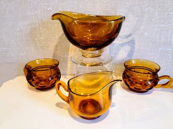 Amber Glass 2 Small Pitchers Ideal For Sauce Or Gravy And 2 Tea Cups