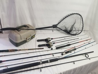 Fishing Poles, Reels, Net & Tackle Box