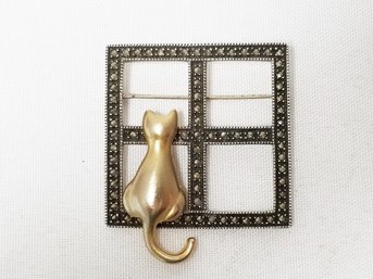 Vintage Sterling & Marcasite Cat Looking Out Window Pin Brooch - Signed JJ