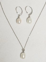 Sterling Silver Teardrop Shell Pearl Lever Back Earrings With Matching Necklace
